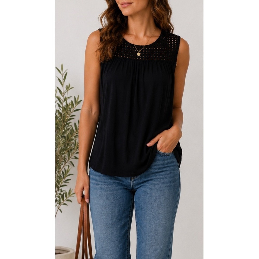 Joseph A. Womens Black Sleeveless Knit Top Eyelet Lace Yoke Rayon Spandex Medium
